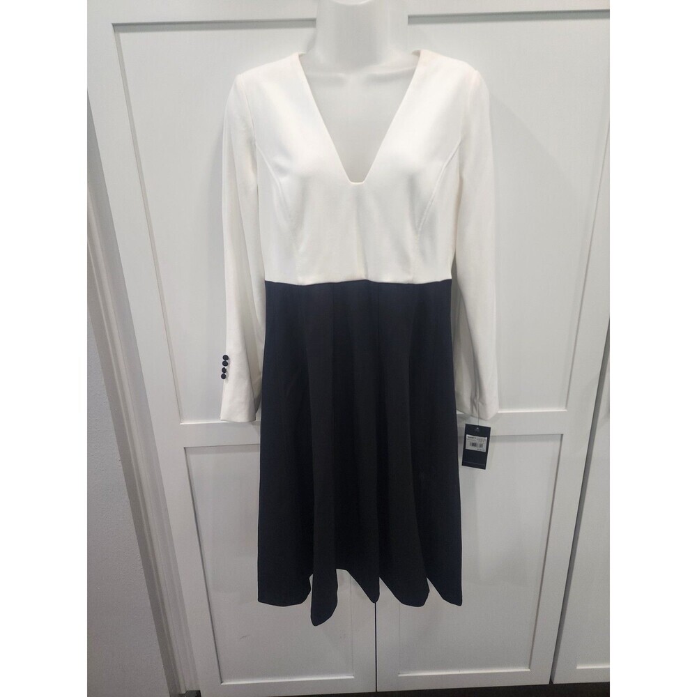 NEW ANDREW MARC BLACK WHITE V NECK QUARTER SLEEVE FIT & FLARE DRESS Women's 8